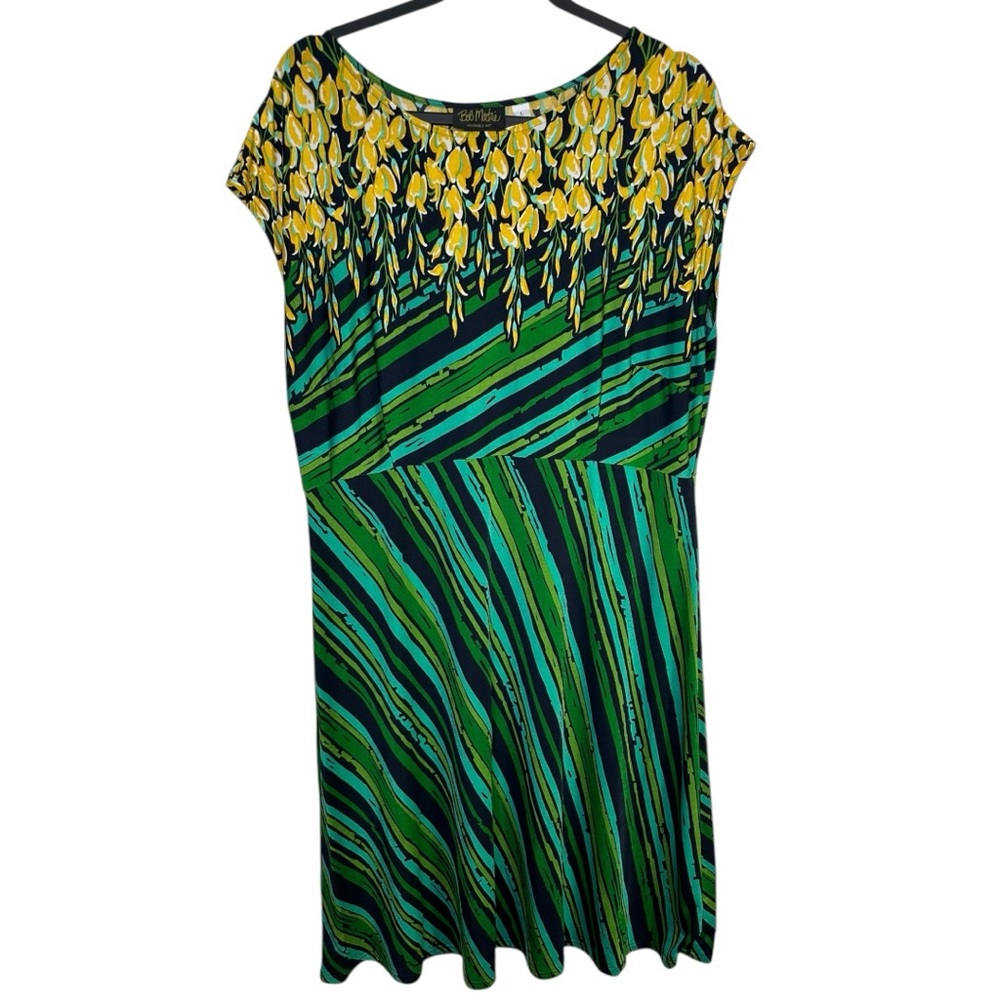 Bob Mackie Art‎ To Wear Dress Floral Striped Green Yellow Size Large Stretchy